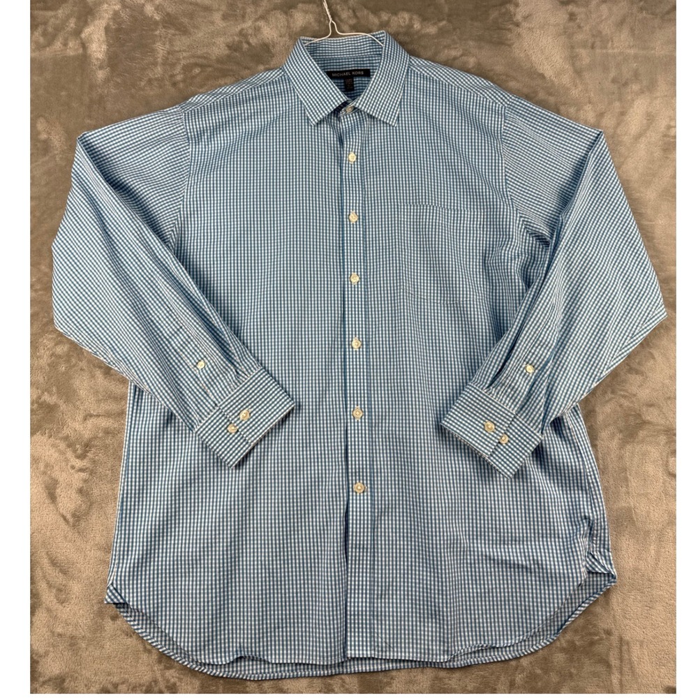 Michael Kors Shirt Mens 16.5 32/33 Regular Fit Blue Gingham Button Down EUC